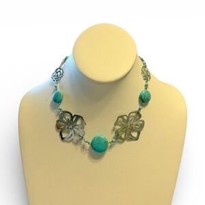 Floral Silver and Turquoise Color Necklace